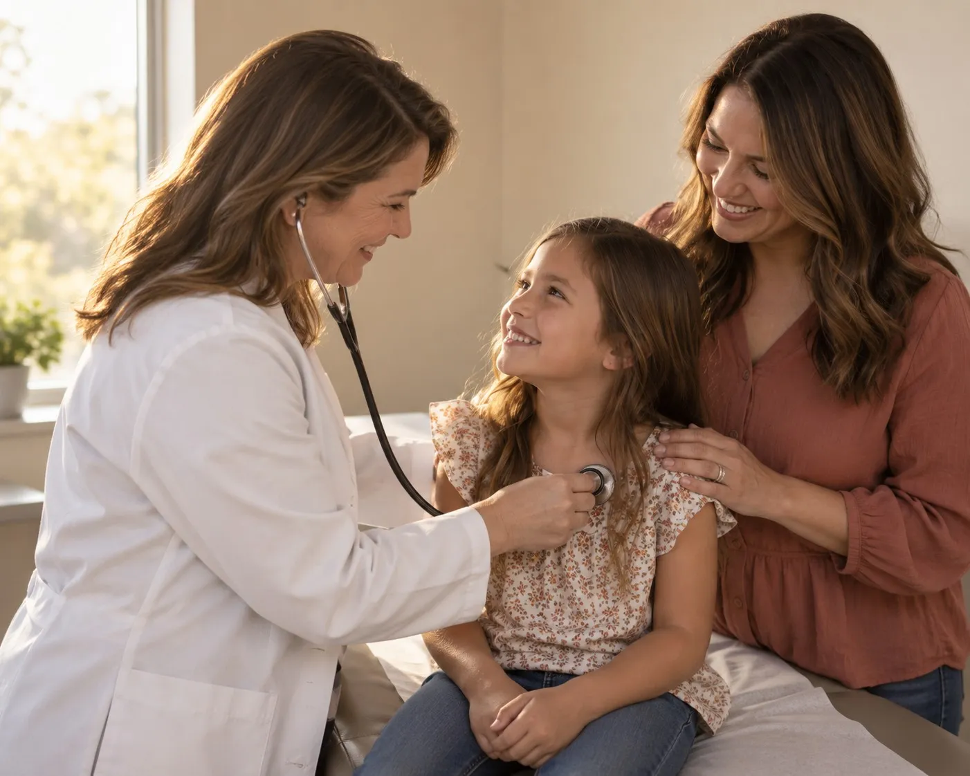 A physician listens to a young girl's heartbeat with a stethoscope while her mother looks on