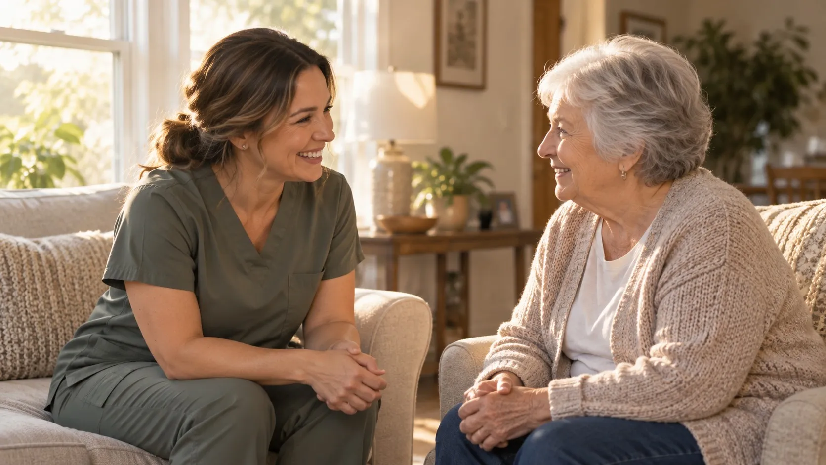 A nurse in scrubs talks with an older woman seated in a bright living room