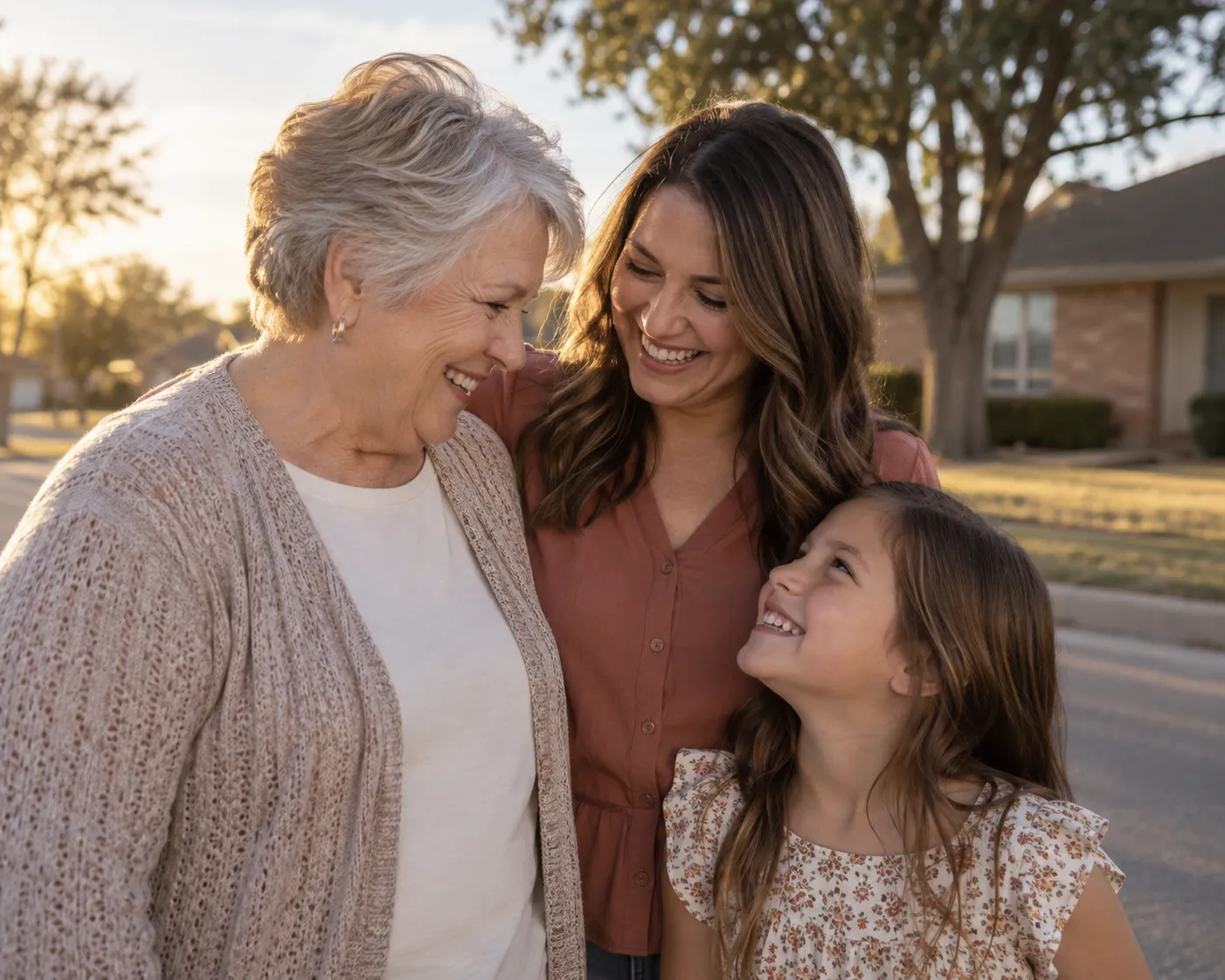 Three generations of women, a grandmother, mother, and daughter, smiling together