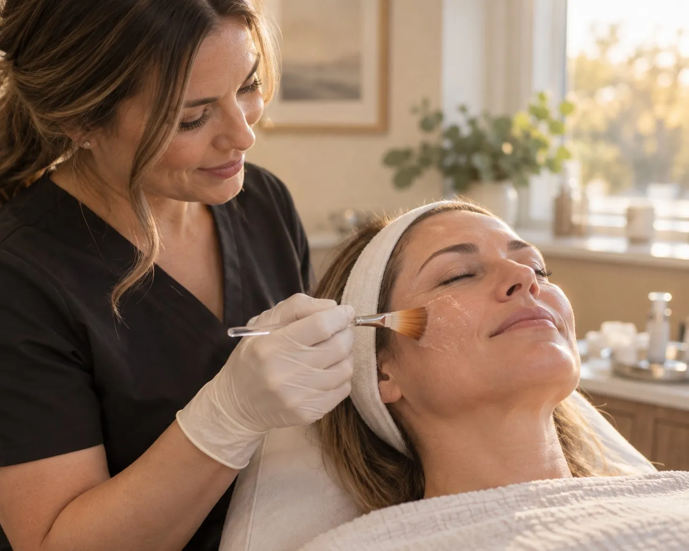 A clinician brushes a peel solution onto a patient's cheek