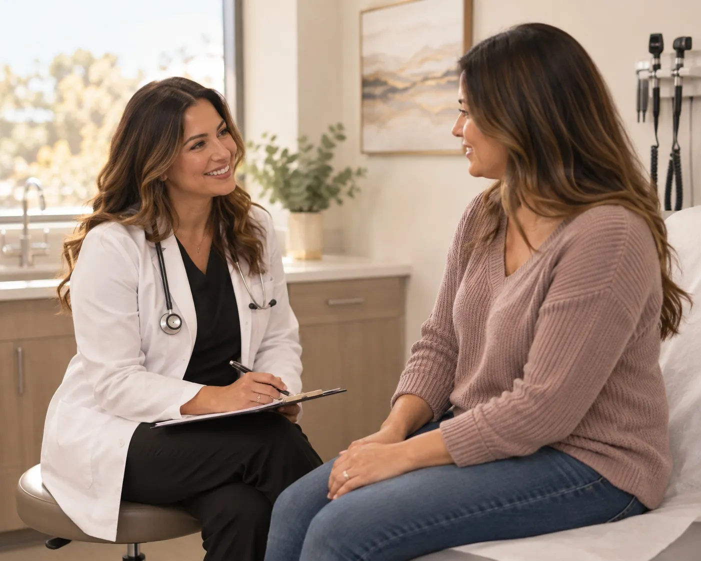 A physician sits with a female patient in a warm exam room, talking and taking notes on a clipboard